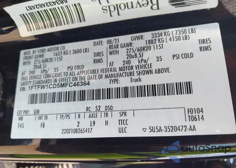 2021 Ford F-150 Xlt from USA, damaged, VIN 1FTFW1CD5MFC46364